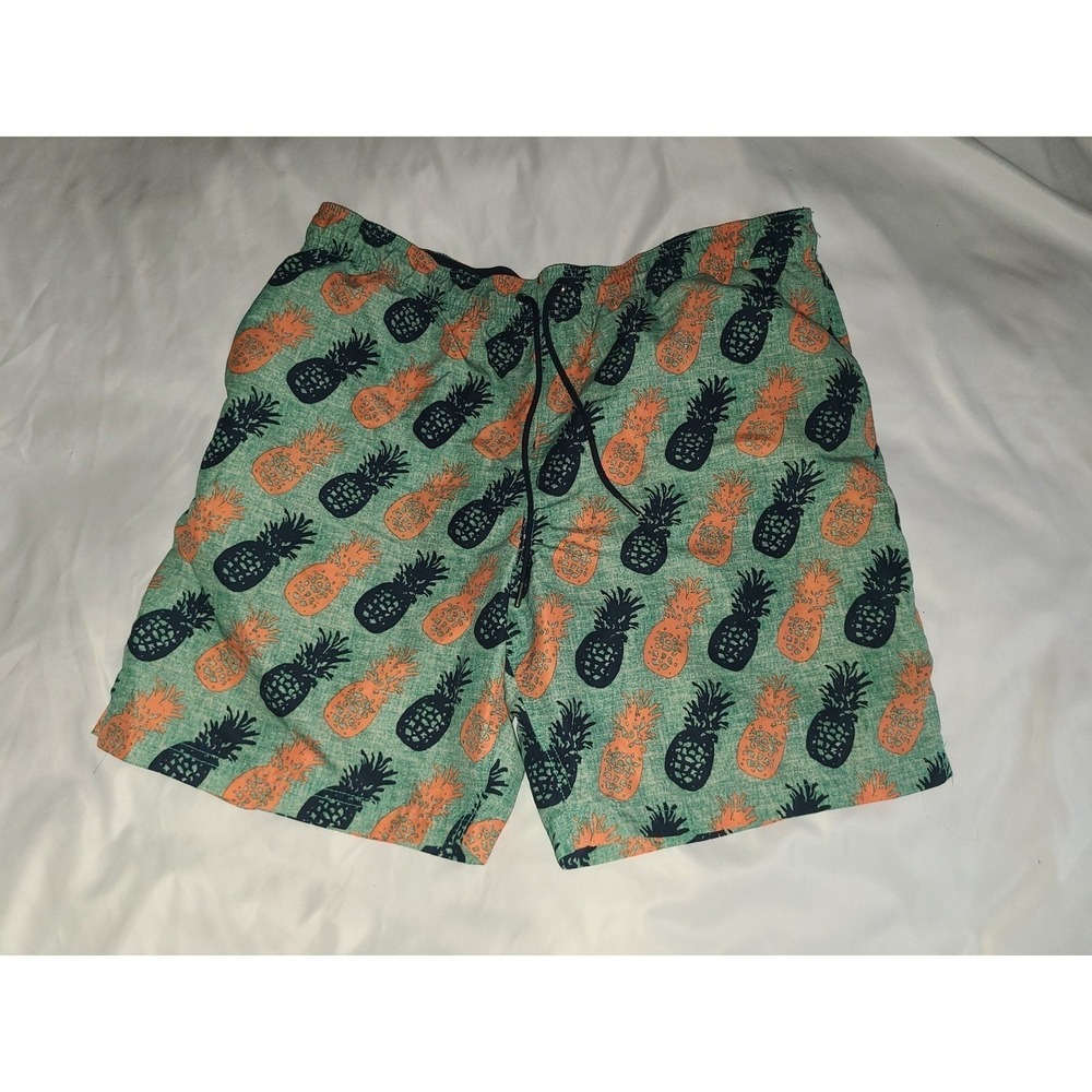 Lands End Swim Trunks Large 36-38 Green Pineapple Print Drawstring Mesh Lined